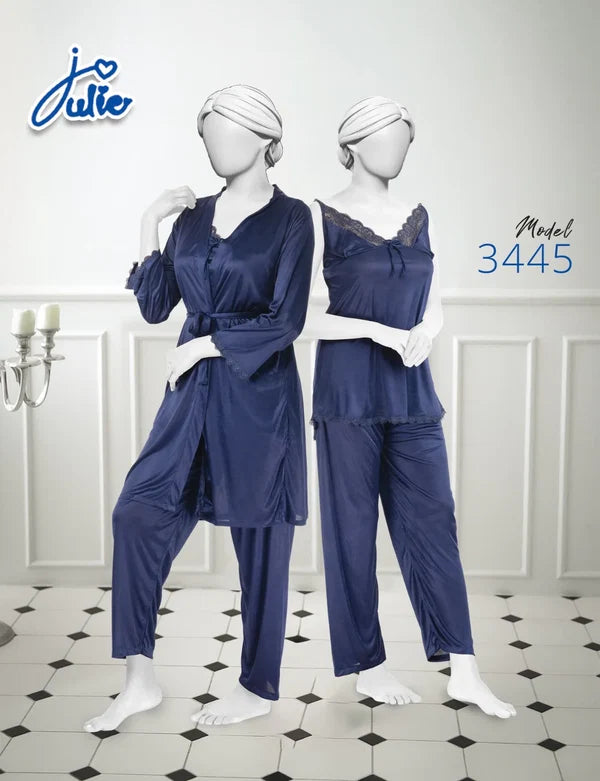 Julie 3 Piece Soft Silk Night Suit for Women – Shirt, Trouser & Gown Set