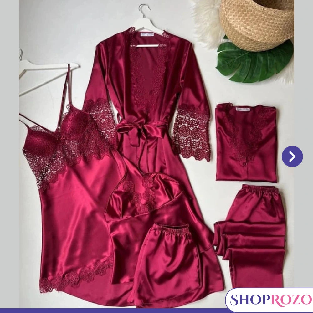 Maroon Guipure Detailed 6-Piece Satin Nightgown Dressing Gown Set