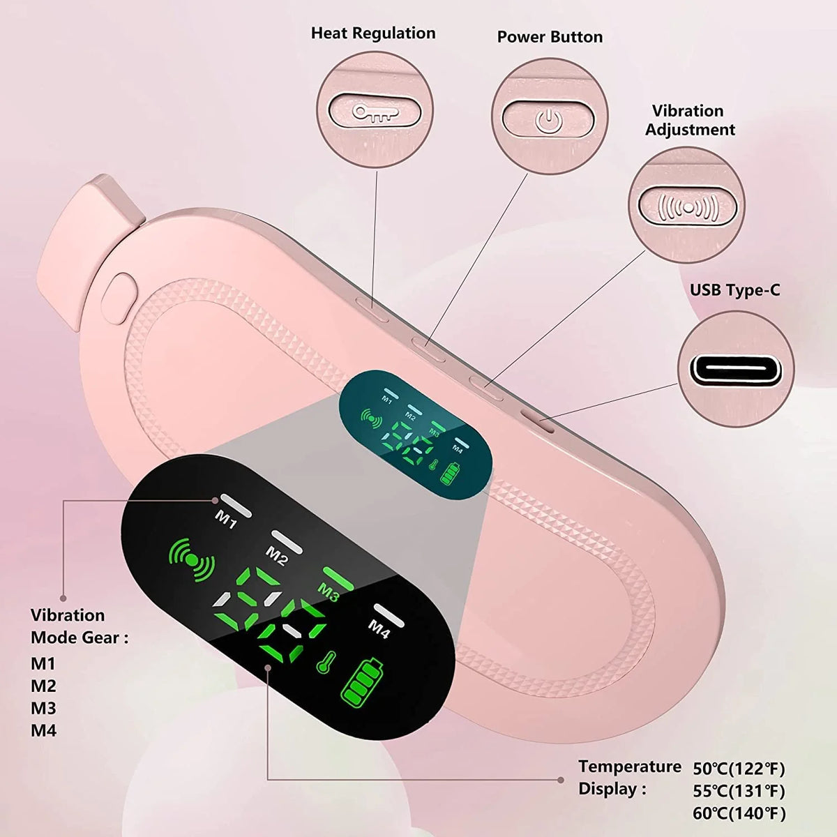 Heating belt with adjustable warmth and vibration settings button