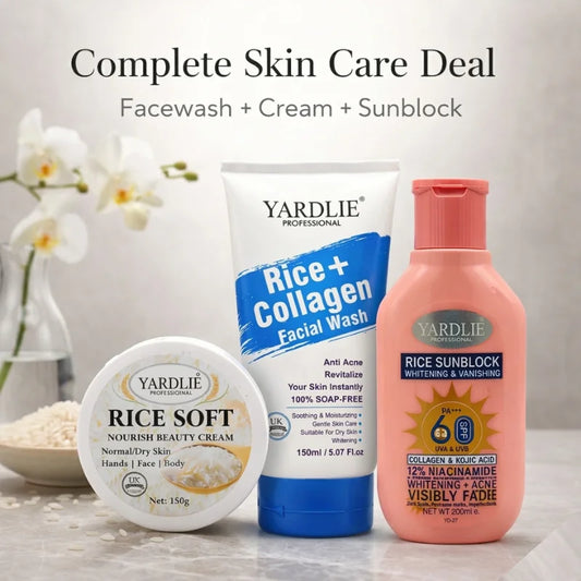 Yardlie Complete Skin Care Deal – Rice Face Wash, Cream & SPF 60 Sunblock Combo