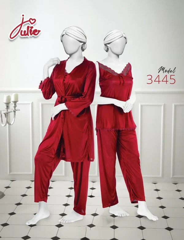 Julie 3 Piece Soft Silk Night Suit for Women – Shirt, Trouser & Gown Set