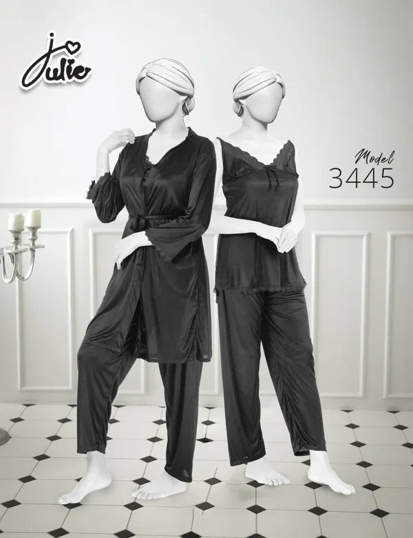 Julie 3 Piece Soft Silk Night Suit for Women – Shirt, Trouser & Gown Set